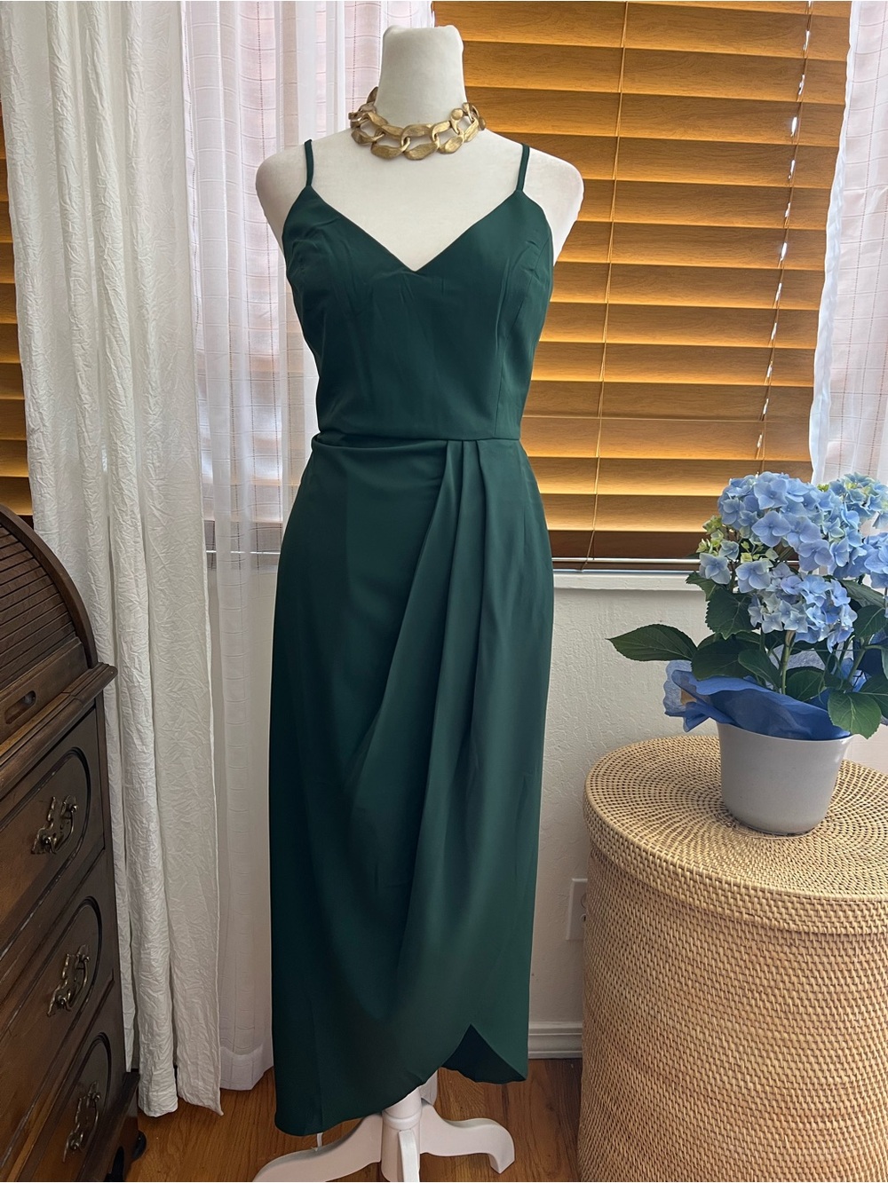 Lulu's Emerald Green Slip Midi Dress with Draped Front